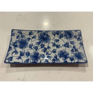 Williams Sonoma Blue White Floral Rectangular Ceramic Tray Dish Sush Platter